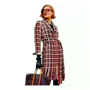 Cabi Regency oversized coat rust navy plaid fringe trim brass look buttons